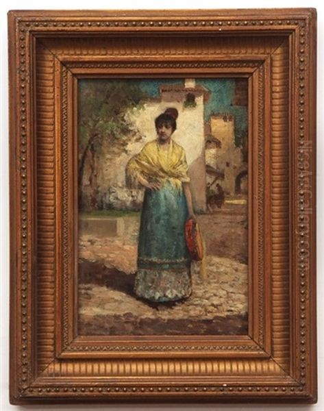 Girl In Sunlit Square Oil Painting by Victoriano Codina Y Langlin