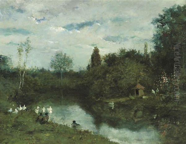 Ducks On The River (+ Washerwomen By A Pond; Pair) Oil Painting by Victoriano Codina Y Langlin