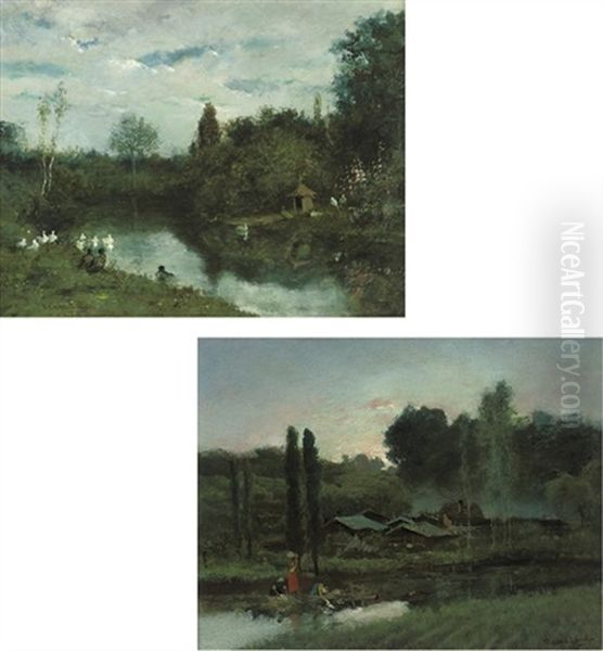 Ducks On The River (+ Washerwomen By A Pond; Pair) Oil Painting by Victoriano Codina Y Langlin