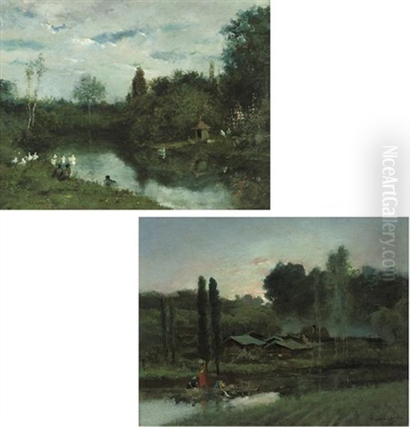 Ducks On The River (+ Washerwomen By A Pond; Pair) Oil Painting by Victoriano Codina Y Langlin