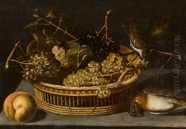 Still Life With A Basket Of Grapes, A Peach, And Birds Oil Painting by Francesco Codino