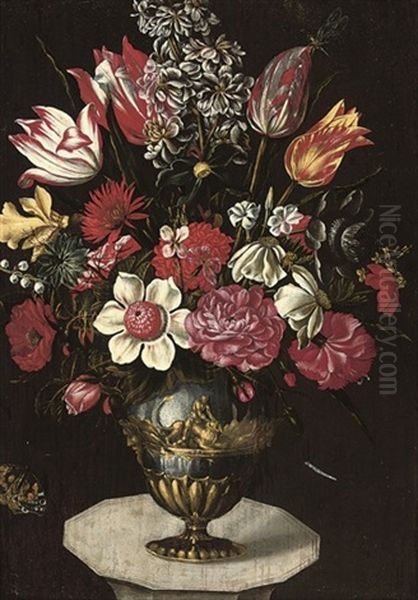 A Stock, Chrysanthemums, Roses, Anemones, Parrot Tulips, And Other Flowers In A Classical Urn On A Plinth, With A Butterfly And Dragonfly Oil Painting by Francesco Codino