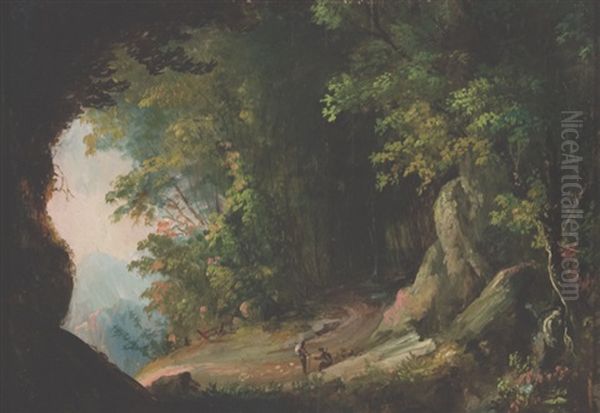 Untitled Landscape Of Two Hikers In A Wilderness Oil Painting by Charles Codman