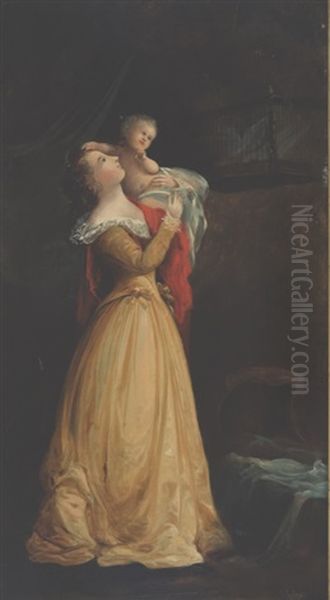 Lady Standing With Child And Birdcage Oil Painting by Charles Codman