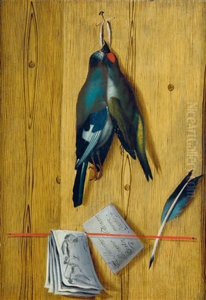 Trompe L'oeil Mit Singvogeln, Federkiel Und Brief Oil Painting by Johann Michael Codomann