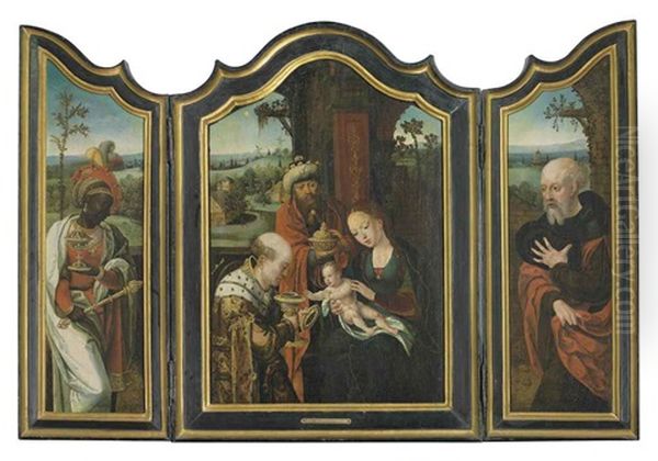 Central Panel: The Adoration Of The Magi; Wings; King Balthasar; And Saint Jerome Oil Painting by Pieter Coeck van Aelst the Younger