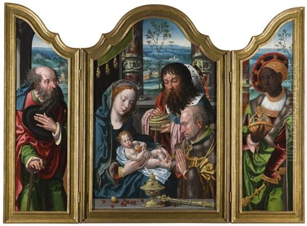 A Triptych: The Adoration Of The Magi; With Saint Joseph (left Wing) And Balthazar (right Wing) Oil Painting by Pieter Coecke van Aelst the Elder