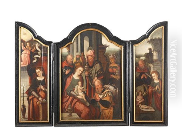 A Triptych: The Central Panel: The Adoration Of The Magi; The Left Wing: The Annunciation; And The Right Wing: The Rest On The Flight Into Egypt Oil Painting by Pieter Coecke van Aelst the Elder