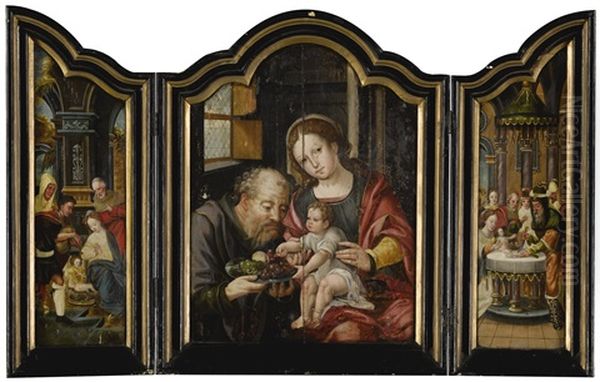 A Triptych: Central Panel: The Holy Family Left Panel: The Adoration Of The Shepherds Right Panel: The Circumcision Oil Painting by Pieter Coecke van Aelst the Elder