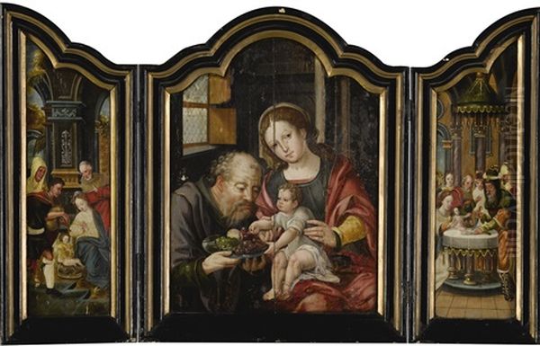 A Triptych: Central Panel: The Holy Family Left Panel: The Adoration Of The Shepherds Right Panel: The Circumcision Oil Painting by Pieter Coecke van Aelst the Elder