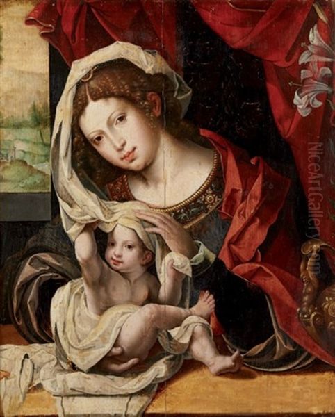 Vierge A L'enfant Pres D'un Grand Lys Blanc Dresse Dans Un Vase Oil Painting by Pieter Coecke van Aelst the Elder