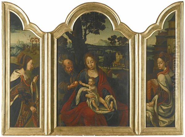 A Triptych: The Holy Family Flanked By Saint Catherine And Saint Barbara Oil Painting by Pieter Coecke van Aelst the Elder