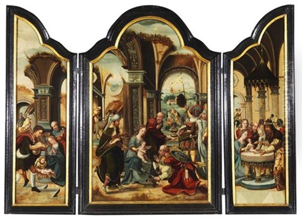 Triptychon Mit Der Anbetung Der Konige. Auf Den Seitenflugeln Die Anbetung Der Hirten Und Die Darbringung Im Tempel Oil Painting by Pieter Coecke van Aelst the Elder