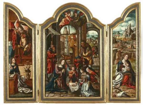 The Adoration Of The Shepherds, The Annunciation, The Rest On The Flight To Egypt (triptych) Oil Painting by Pieter Coecke van Aelst the Elder