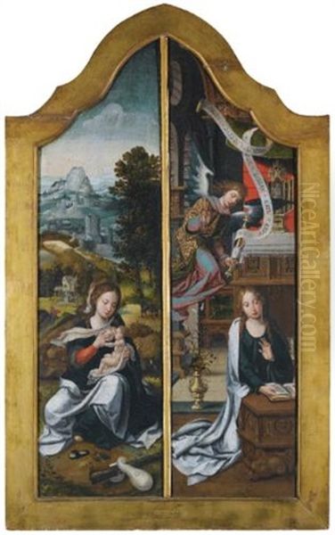 Wings Of An Altarpiece: The Left Wing Depicting The Madonna And Child And The Right Wing Depicting The Annunciation (in 2 Parts) Oil Painting by Pieter Coecke van Aelst the Elder