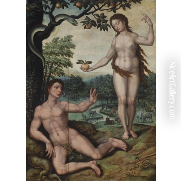 Adam And Eve In The Garden Of Eden Oil Painting by Pieter Coecke van Aelst the Elder