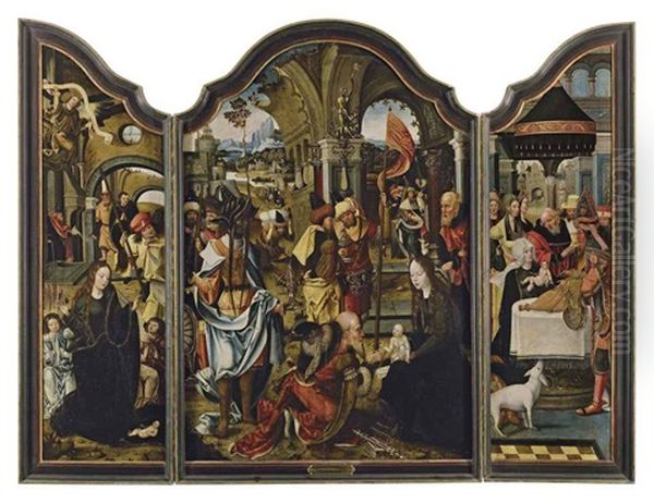 L'adoration Des Mages, La Nativite Et La Circoncision (triptych) Oil Painting by Pieter Coecke van Aelst the Elder