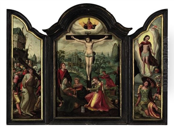 The Crucifixion With The Holy Virgin, Saint John The Evangelist And Saint Mary Magdalene (+ 2 Others; Triptych) Oil Painting by Pieter Coecke van Aelst the Elder