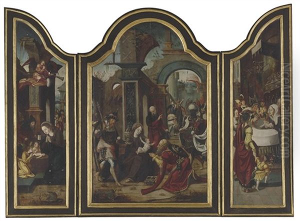 The Adoration Of The Magi; The Adoration Of The Shepherds; The Presentation In The Temple (triptych) Oil Painting by Pieter Coecke van Aelst the Elder