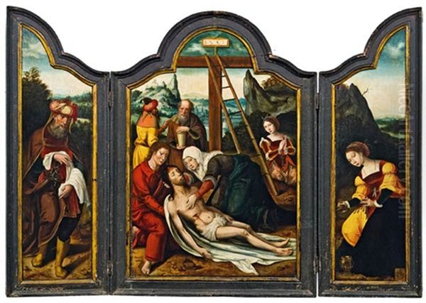 Kreuzabnahme Und Beweinung (triptych; Collab W/ The Master Of The Female Half Lengths) Oil Painting by Pieter Coecke van Aelst the Elder