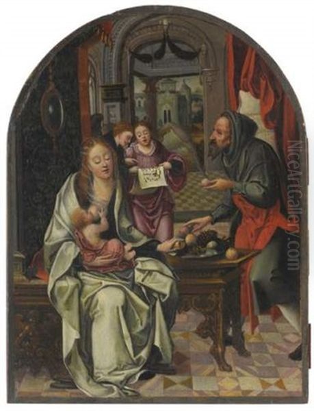 La Vierge A L'enfant Entouree D'anges Musiciens Et De Saint Antoine (?) by Pieter Coecke van Aelst the Elder