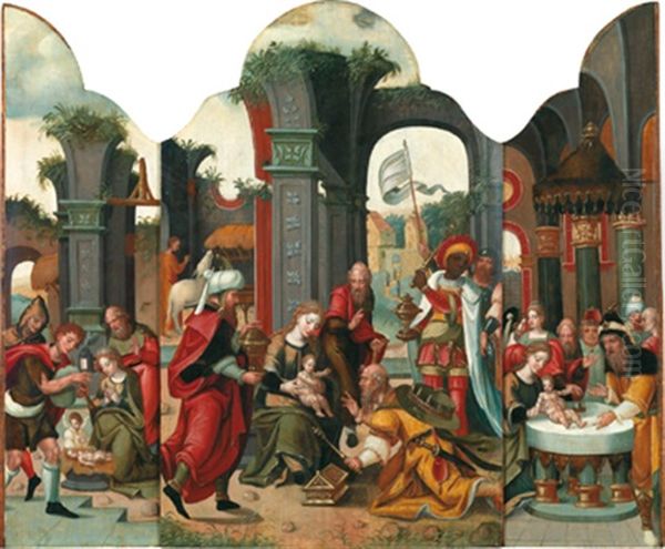 Die Anbetung Der Hirten (+ Die Anbetung Der Konige, Die Darstellung Im Tempel; Triptych) Oil Painting by Pieter Coecke van Aelst the Elder