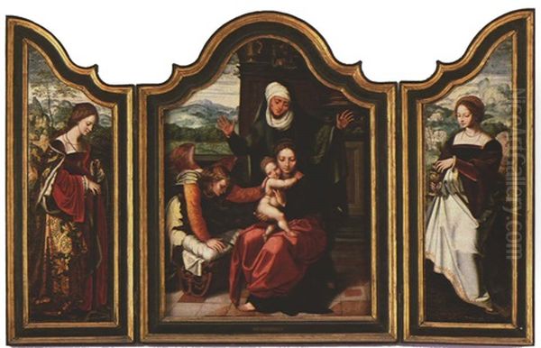 Madonna, Mutter Anna Und Ein Engel, Der Die Wiege Fur Das Kind Herrichtet (altar Piece) Oil Painting by Pieter Coecke van Aelst the Elder