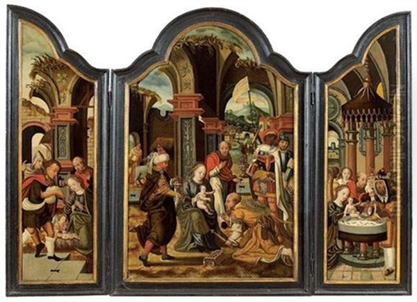 Adoration Des Mages Entre Une Nativite Et Une Circoncision (triptych) Oil Painting by Pieter Coecke van Aelst the Elder