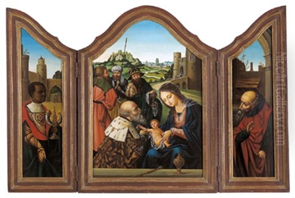 Die Anbetung Der Konige, Ein Heiliger Konig Und Der Heilige Josef (triptych) Oil Painting by Pieter Coecke van Aelst the Elder