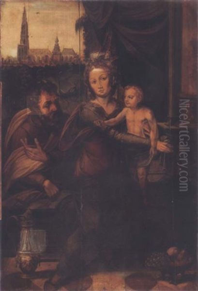 Saint Joseph, La Vierge Et L'enfant Dans Un Interieur Avec La Cathedrale D'anvers Sur L'arriere-plan Oil Painting by Pieter Coecke van Aelst the Elder