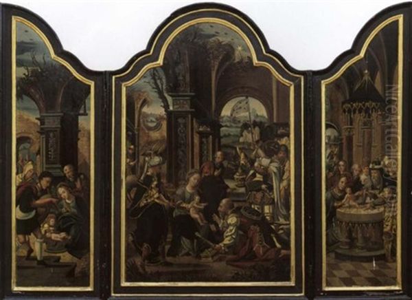 Die Anbetung Der Hl. Drei Konige. Maria Und Joseph Sowie Ein Hirte Das Kind Anbetend. Darbringung Im Tempel Oil Painting by Pieter Coecke van Aelst the Elder