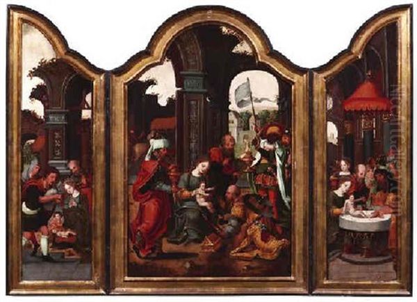 Flugelaltar Mit Der Anbetung Durch Die Heiligen Drei Konige, Der Beschneidigung Christi Rechts Und Der Anbetung Oil Painting by Pieter Coecke van Aelst the Elder