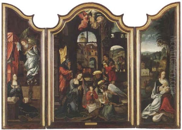 Verkundung, Anbetung Der Hirten Und Flucht Nach Agypten by Pieter Coecke van Aelst the Elder