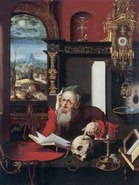 St. Jerome In His Study, A Landscape Seen Through The Window Oil Painting by Pieter Coecke van Aelst the Elder