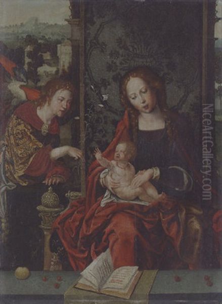 The Virgin And Child Enthroned, With The Angel Gabriel Proffering A Lily Oil Painting by Pieter Coecke van Aelst the Elder