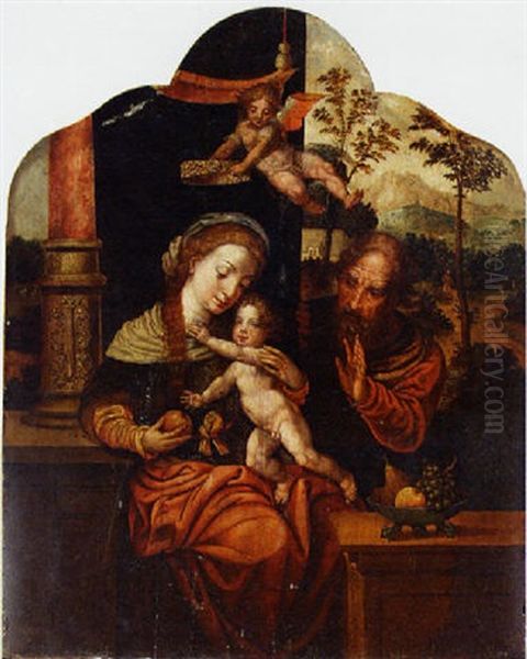 The Holy Family With An Angel Crowning The Virgin, A Landscape Beyond Oil Painting by Pieter Coecke van Aelst the Elder