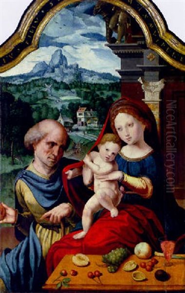 The Holy Family With A Village And Mountains Beyond Oil Painting by Pieter Coecke van Aelst the Elder