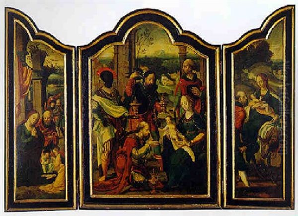 The Adoration Of The Magi With The Nativity And The Flight To Egypt Oil Painting by Pieter Coecke van Aelst the Elder