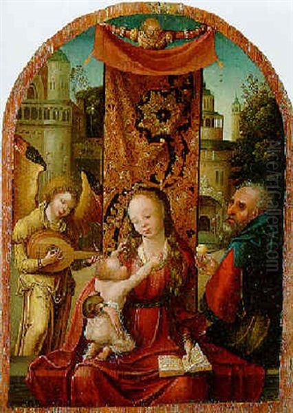 The Virgin And Child With Saint Joseph And An Angel Playing A Lute Oil Painting by Pieter Coecke van Aelst the Elder