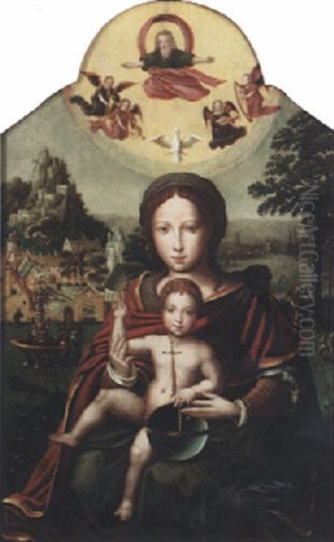 The Virgin And Child In A Landscape With God The Father And The Holy Spirit Above Oil Painting by Pieter Coecke van Aelst the Elder