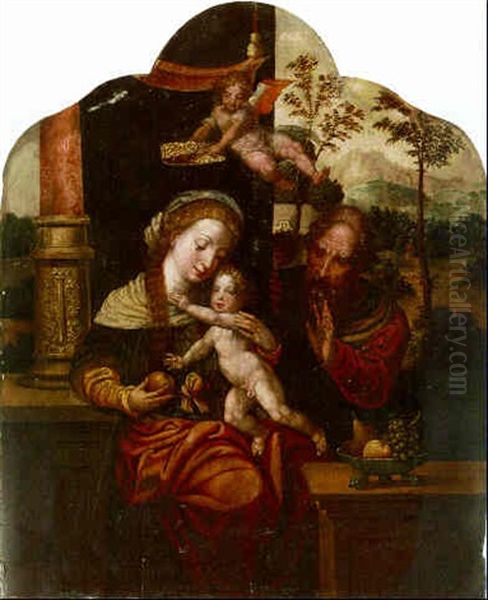 The Holy Family With An Angel Crowning The Virgin, A Landscape Beyond Oil Painting by Pieter Coecke van Aelst the Elder