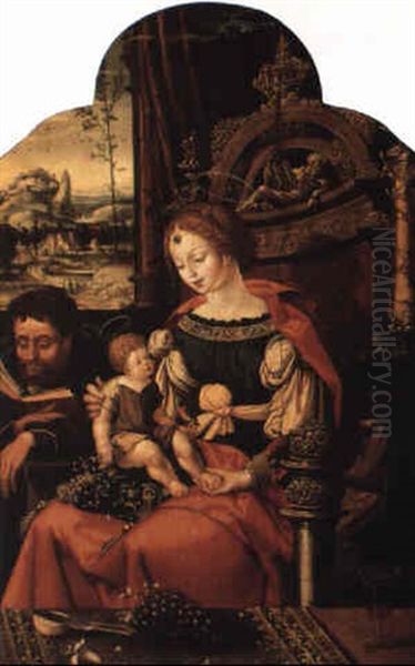 Madonna And Child Enthroned With Saint Joseph Reading Oil Painting by Pieter Coecke van Aelst the Elder