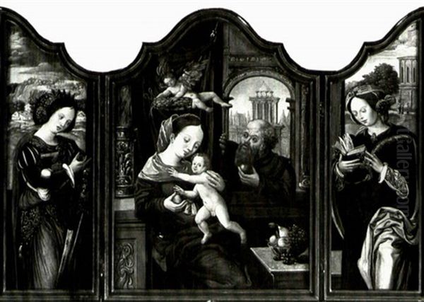 A Triptych: The Holy Family, Saint Catherine And Saint      Barbara Oil Painting by Pieter Coecke van Aelst the Elder