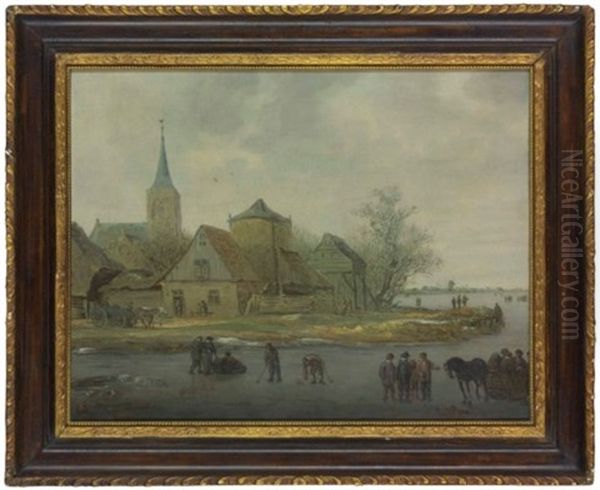 A Winter River Landscape With Figures Playing Kolf And Conversing Before A Village Oil Painting by Jan Coelenbier