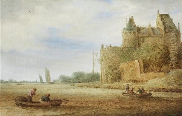 A River Landscape With Fishermen In Boats And A Walled Town In The Distance Oil Painting by Jan Coelenbier