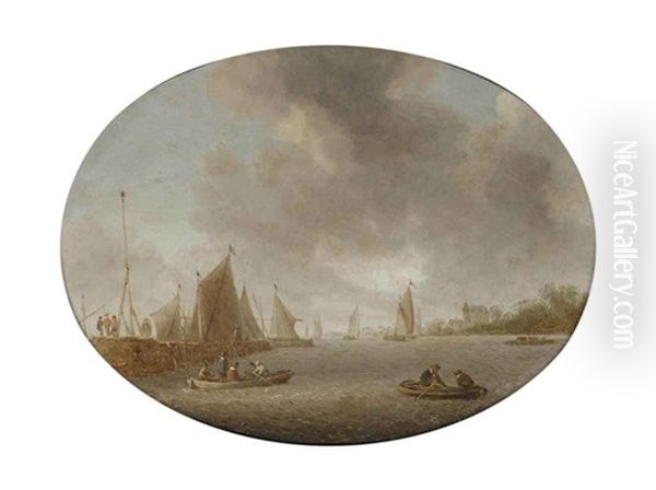 A River Landscape With Figures In Rowing Boats Near A Jetty, Sailing Vessels And A Castle Beyond by Jan Coelenbier