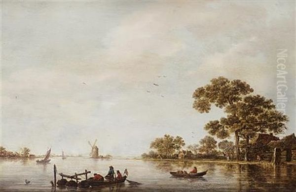 A River Landscape With Fishermen In Their Boats And Figures On The Shore, Shipping Beyond Oil Painting by Jan Coelenbier