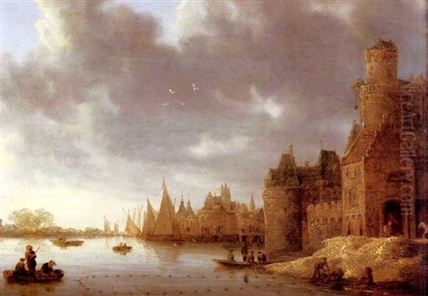 A River Landscape With Fishermen On The Embankment Of A Fortified Town, With Sailing Vessels Beyond Oil Painting by Jan Coelenbier