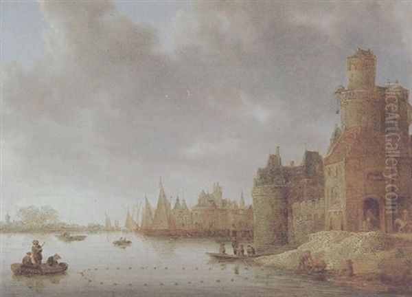 Stadt An Einem Fluss Mit Booten Und Anglern Oil Painting by Jan Coelenbier