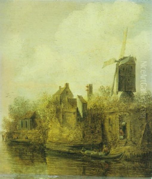 Flusslandschaft Mit Windmuhle Und Boot Oil Painting by Jan Coelenbier